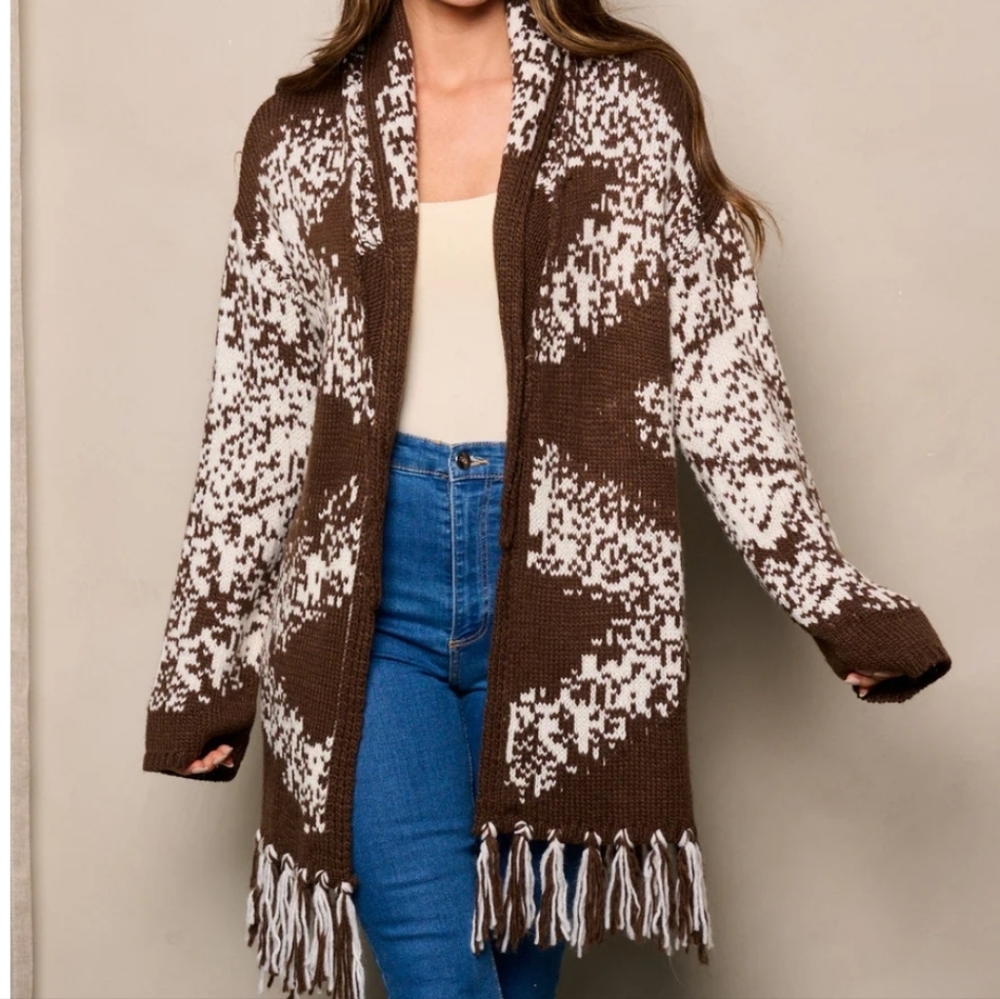 See and Be Seen Oversized‎ Wool Blend Fringe Cardigan Sweater Size S/M